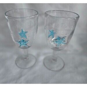 Handblown Starfish Goblets Clear, Aqua Starfish, Air Bubbles 7.5" - Set of 2